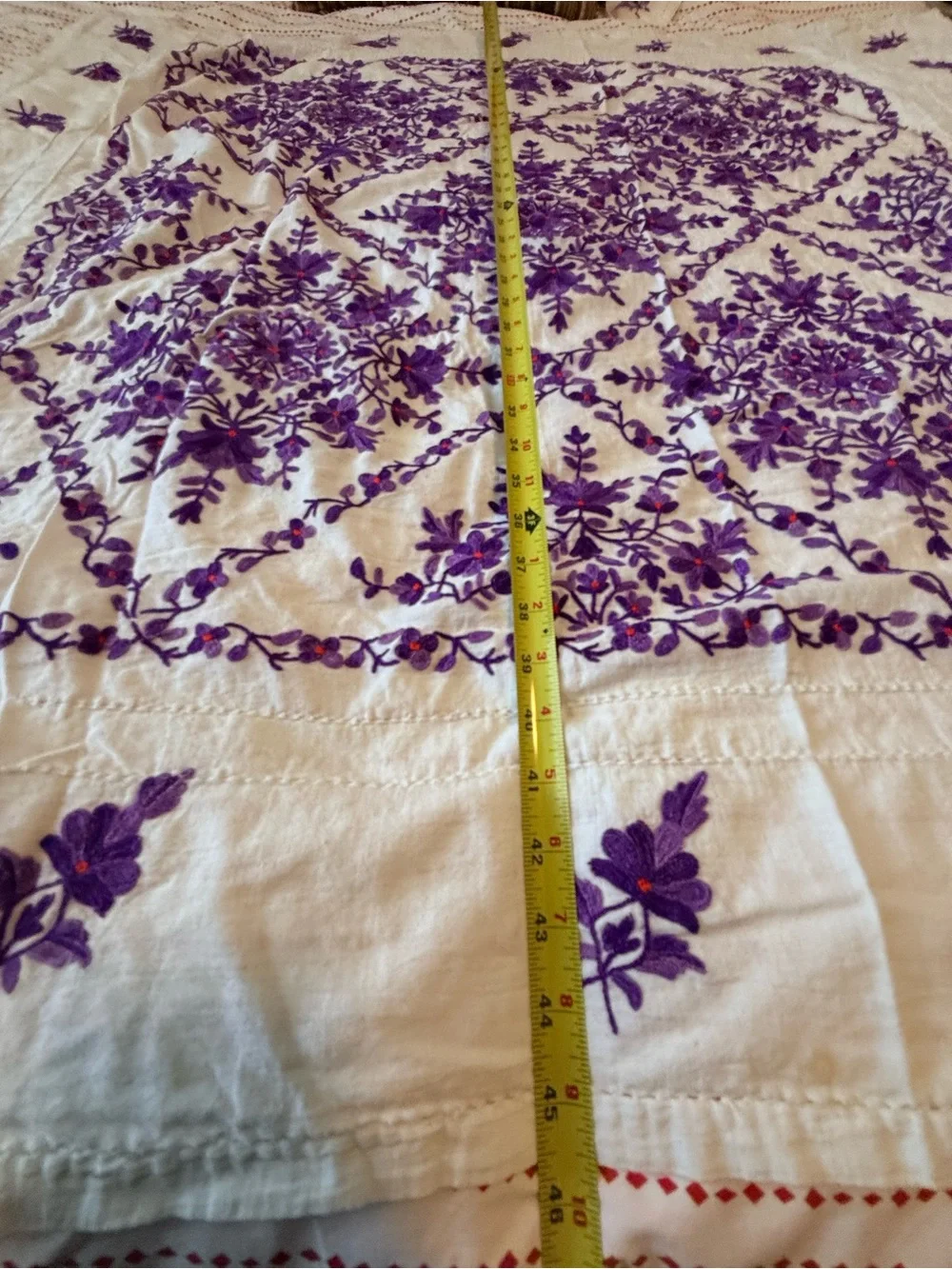 Embroidered Cream Table Linen with Violet Floral Design